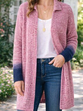 NIC+ZOE Party Pink Ombre Cuff Chunky Knit Open Cardigan NWT
